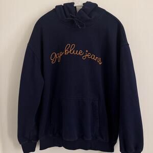 men’s navy GAP with golden “gap blue jeans” cursive sweatshirt hoodie [M, Tall]